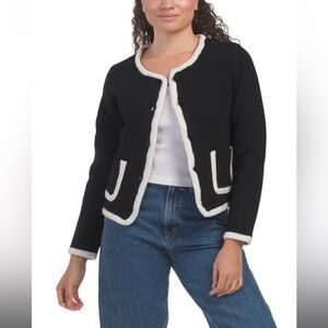 Elie Tahari Wool Blend Long Sleeve Crew Neck Button Down Knit Jacket